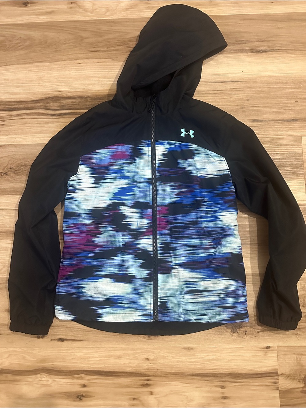 Under Armour Kids Black Hooded Jacket with Blue & Purple Print